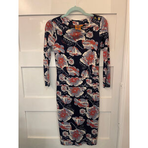 Tory Burch XS Floral Bodycon Dress Navy Red Gray Long Sleeve Stretch Midi
